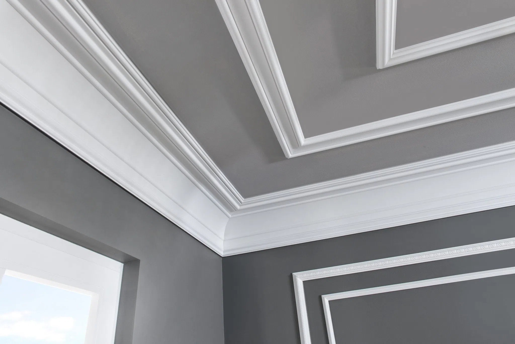 GABRIELLA (Z73) 2.44M NMC Ceiling Coving on a dark grey ceiling | DecorMania UK